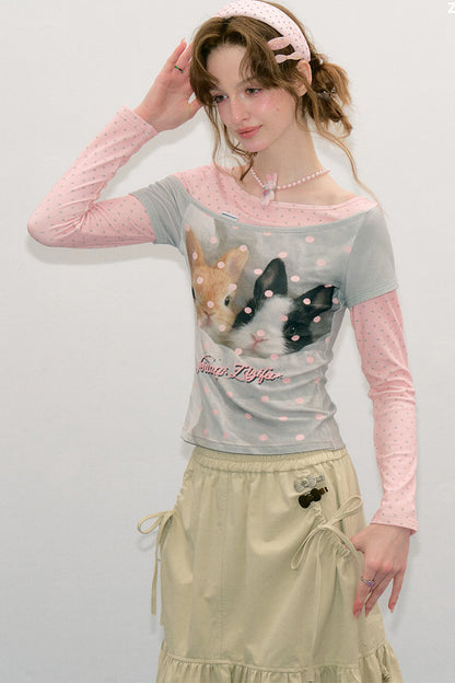 Color-Block Patchwork Rabbit Print Long Sleeve Top