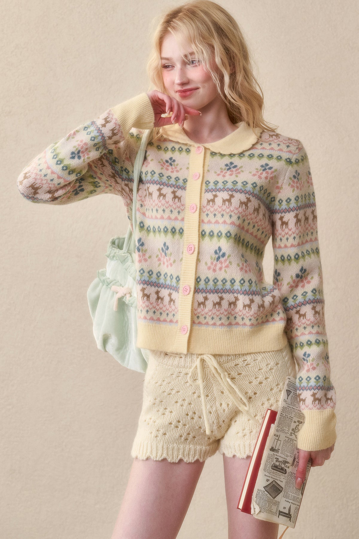 Reindeer Fair Isle Doll Collar Short Cardigan