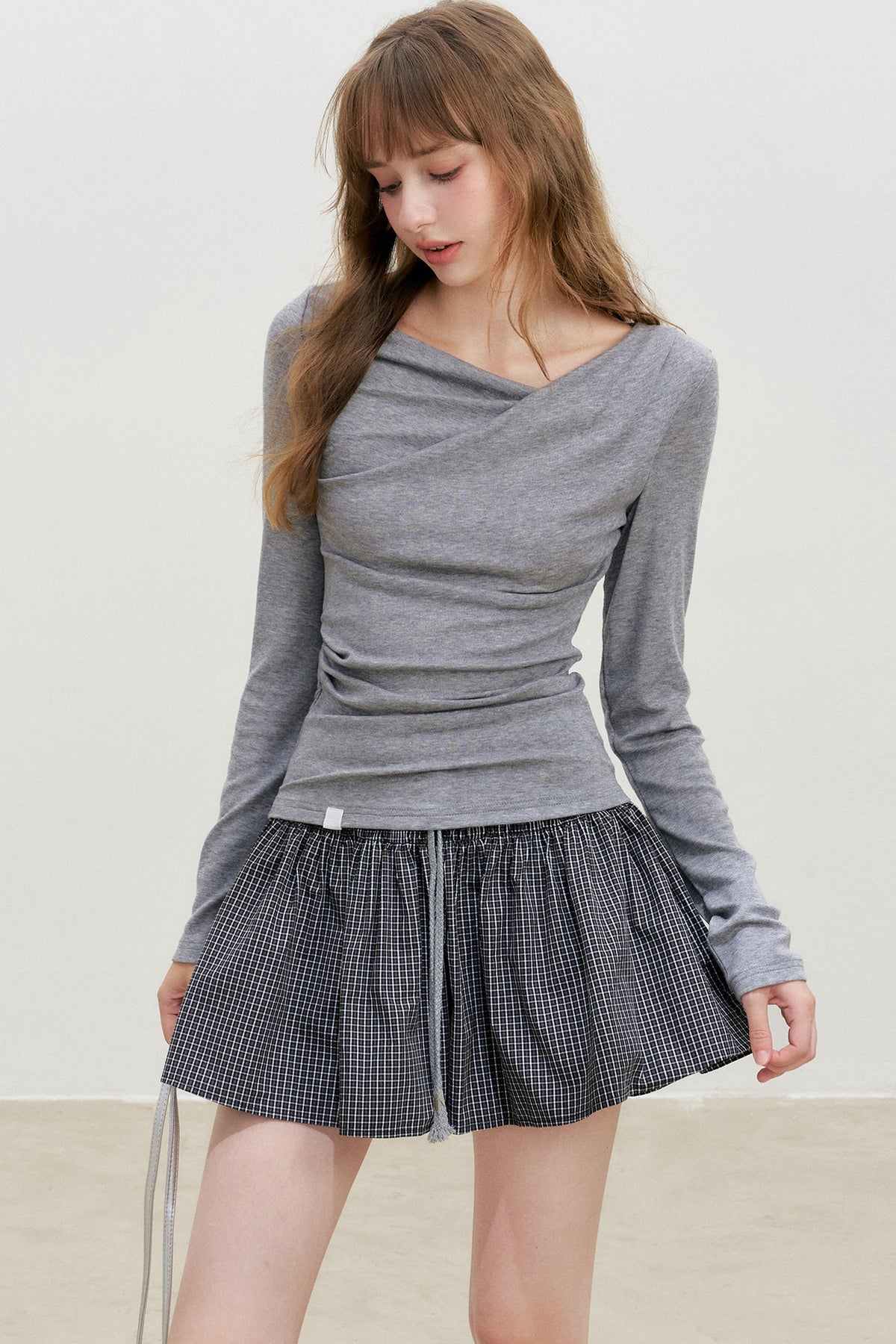 Lyocell Overlapping Pleated Long-Sleeve T-Shirt