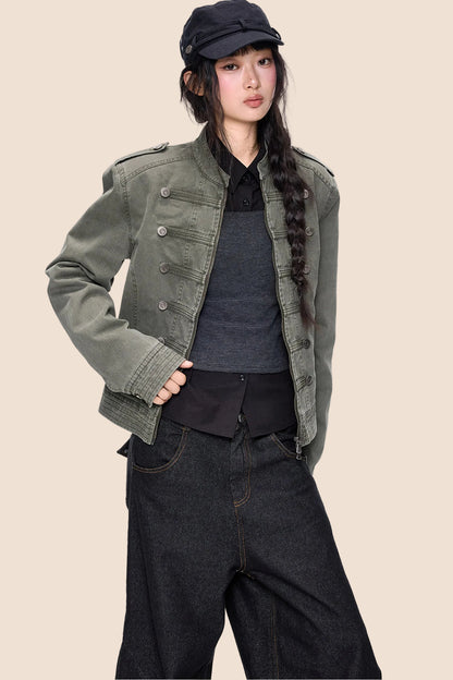 Short Double-Breasted Vintage Denim Jacket