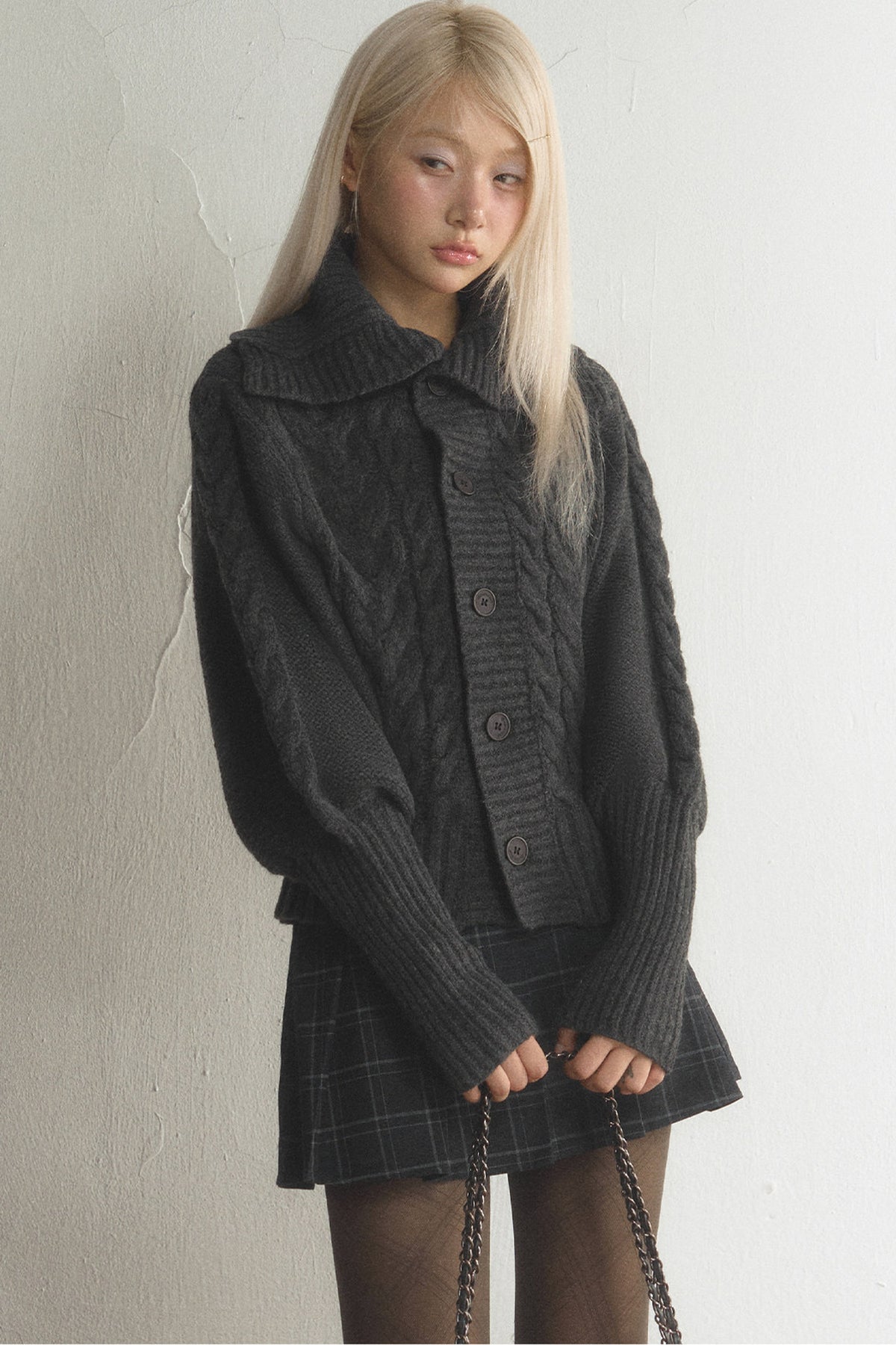Large Lapel Cable Knit Cardigan and Skirt Set-Up