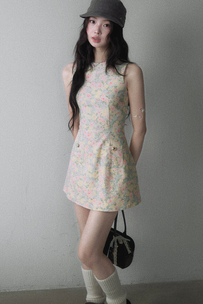 Pink Yellow Floral Sleeveless Vest Dress
