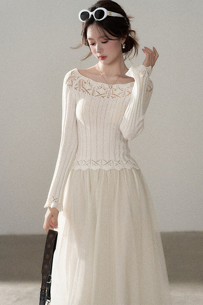 Off-Shoulder Lace Hollow-Out Knit Pullover