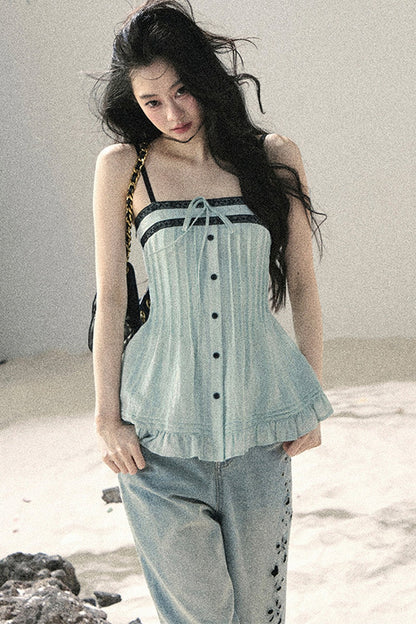 One-Shoulder Ruched Lace Camisole