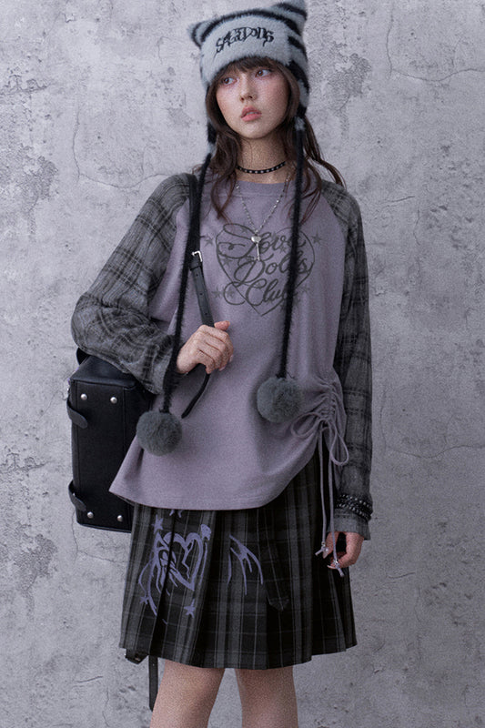 Gray-Purple Raglan Sleeve Printed Drawstring T-Shirt and Plaid Skirt Set
