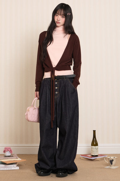 Layered High-Neck Vest and Tie-Up Cardigan Set-Up