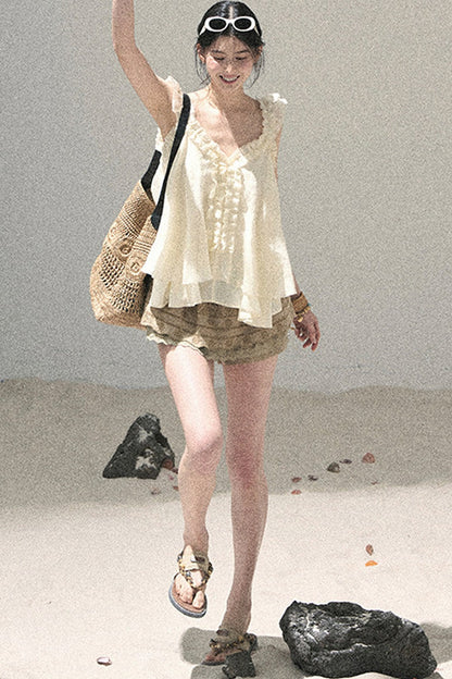French Ruffled V-Neck Blouse