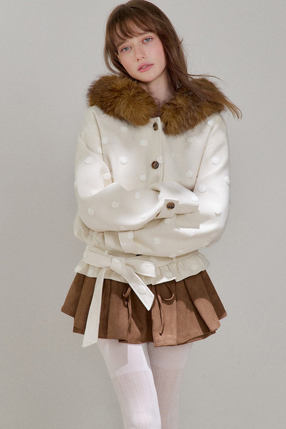 Petite Polka Dot Hooded Fur Coat
