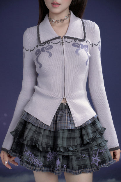Milk Purple Bow Jacquard Turn-Down Collar Cardigan Top
