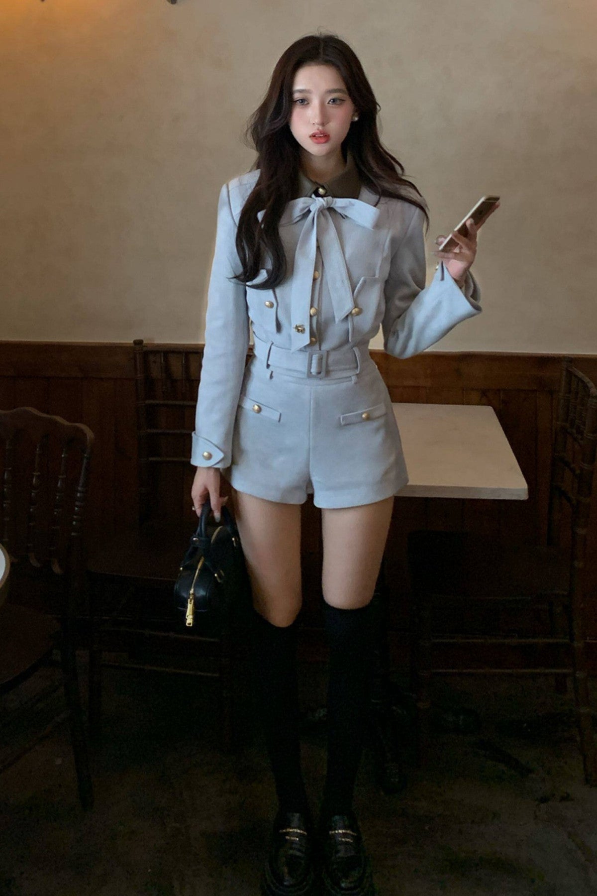 Bow Collar Suede Leather Top