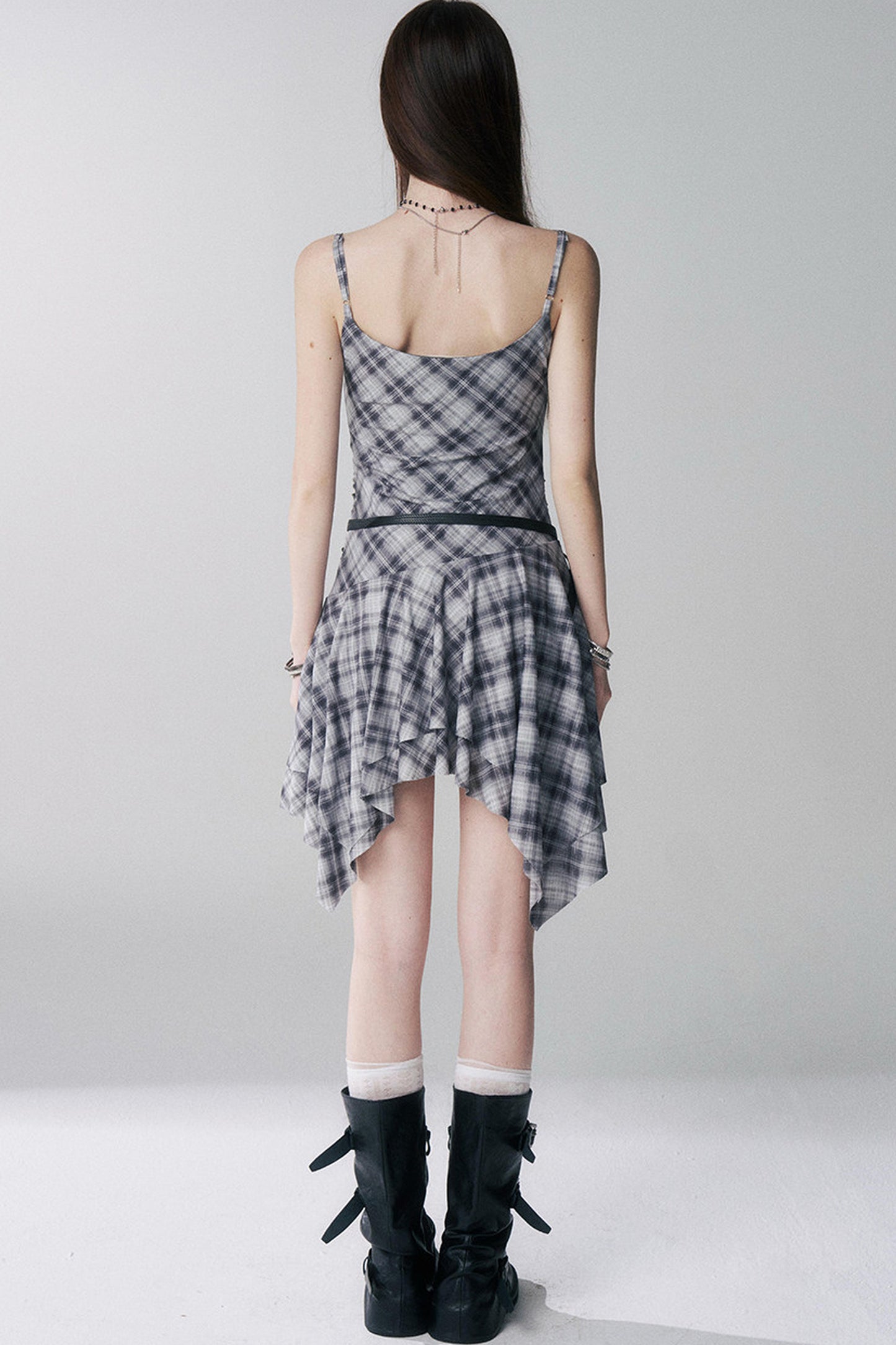 Irregular Plaid Suspender Dress Set-Up