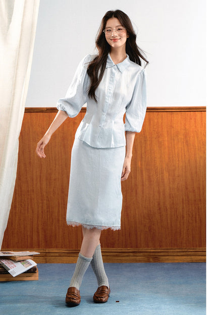 Lace Trim Puff Sleeve Top and Skirt Set-Up