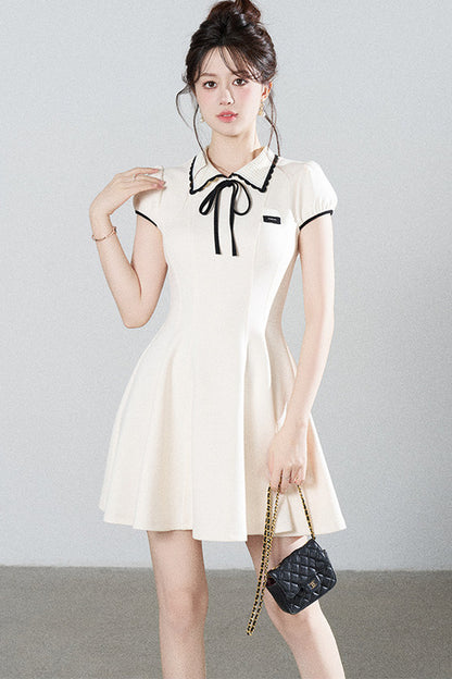 French Style Puff Sleeve Cinched Waist Dress