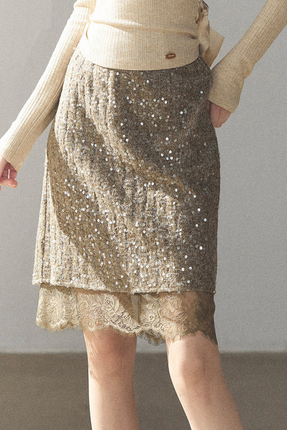 Straight Cut Sequin Lace Skirt