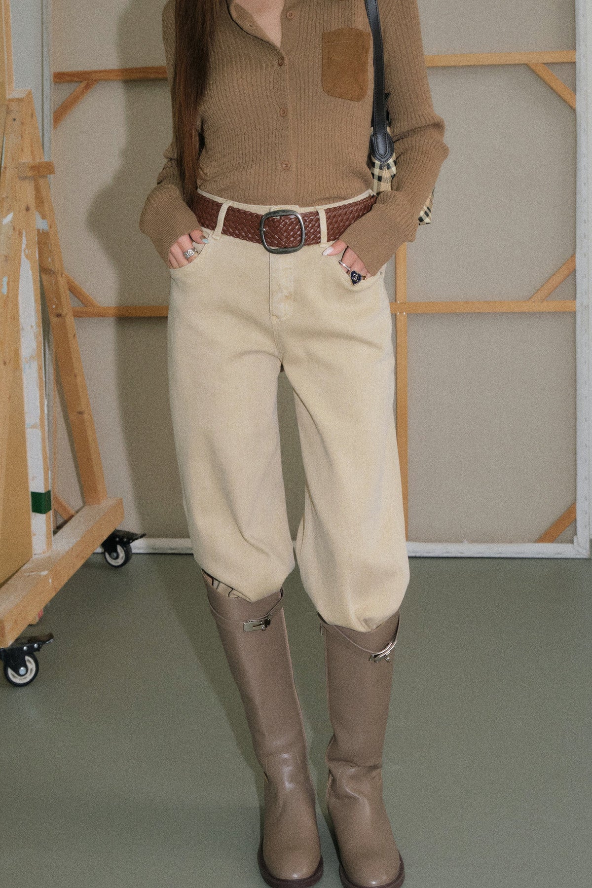 Vintage Coffee Lapel Knit Cardigan and Pants Set-Up