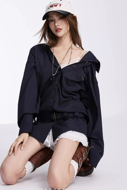 Belted Striped Shirt Dress Set-Up