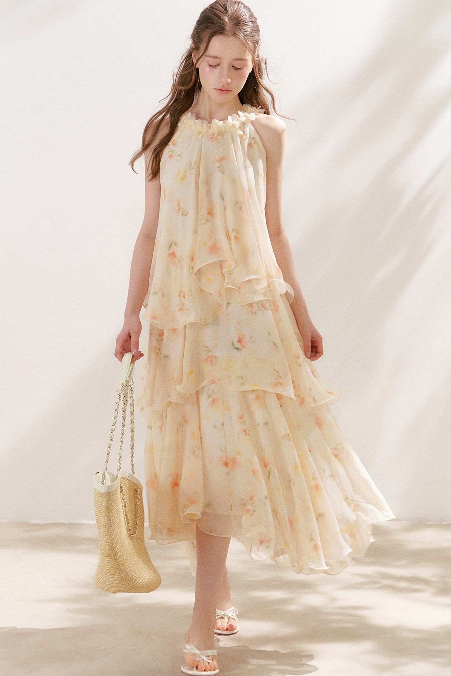 Chiffon Floral Halter Long Dress