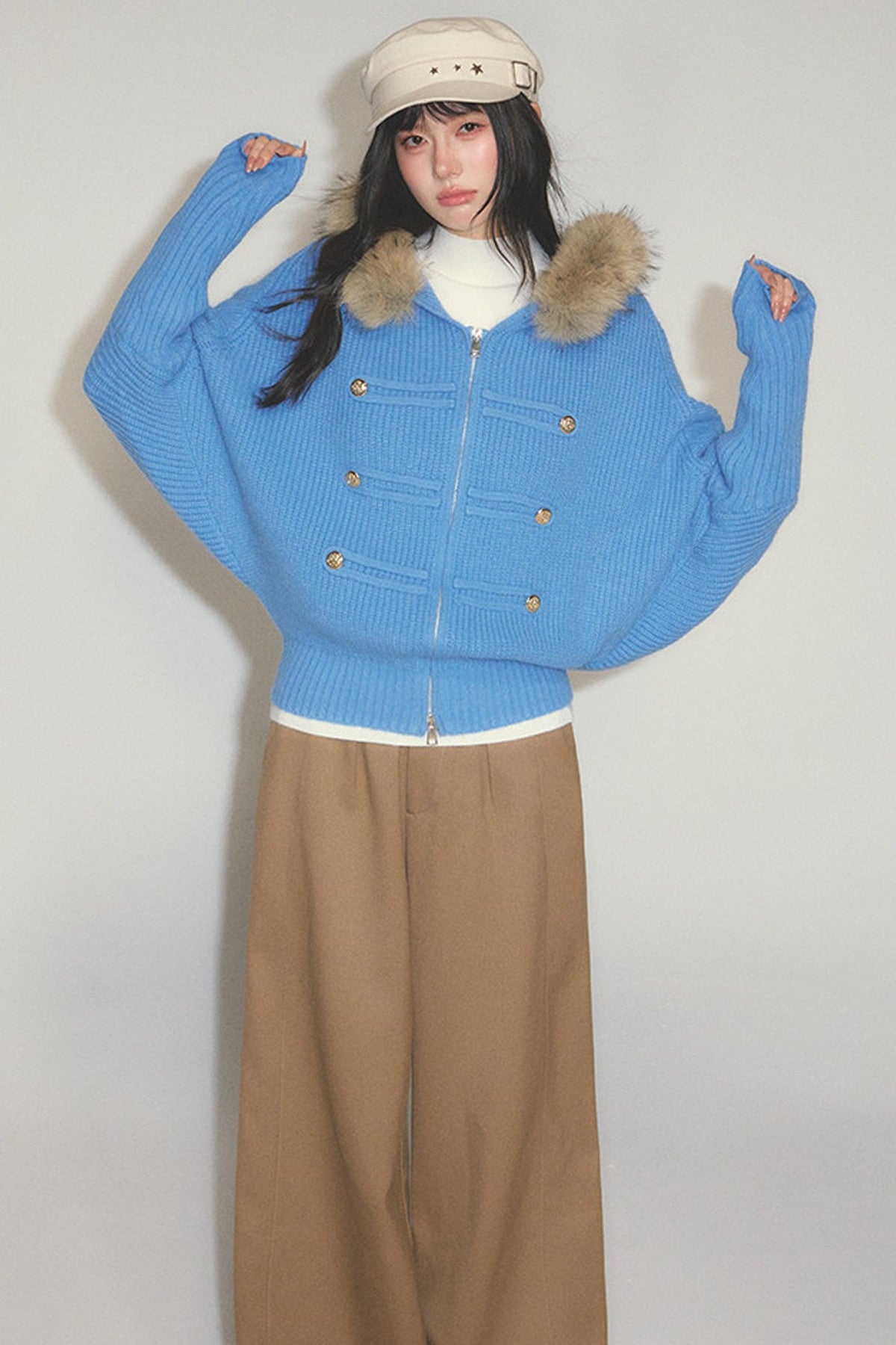 Large Fur Collar Batwing Knit Cardigan