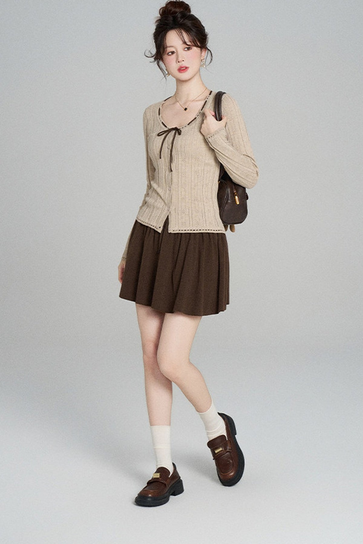 Hollow-Out Knit Cardigan and Skirt Set-Up