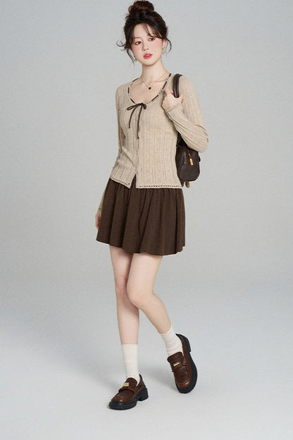 Hollow-Out Knit Cardigan and Skirt Set-Up