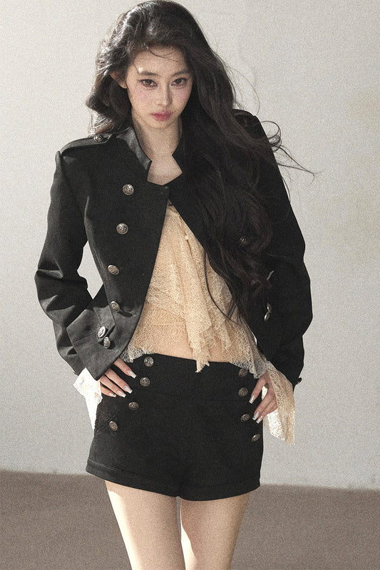 Court-Punk-Retro-Stehkragenjacke mit Shorts und Oberteil als Set