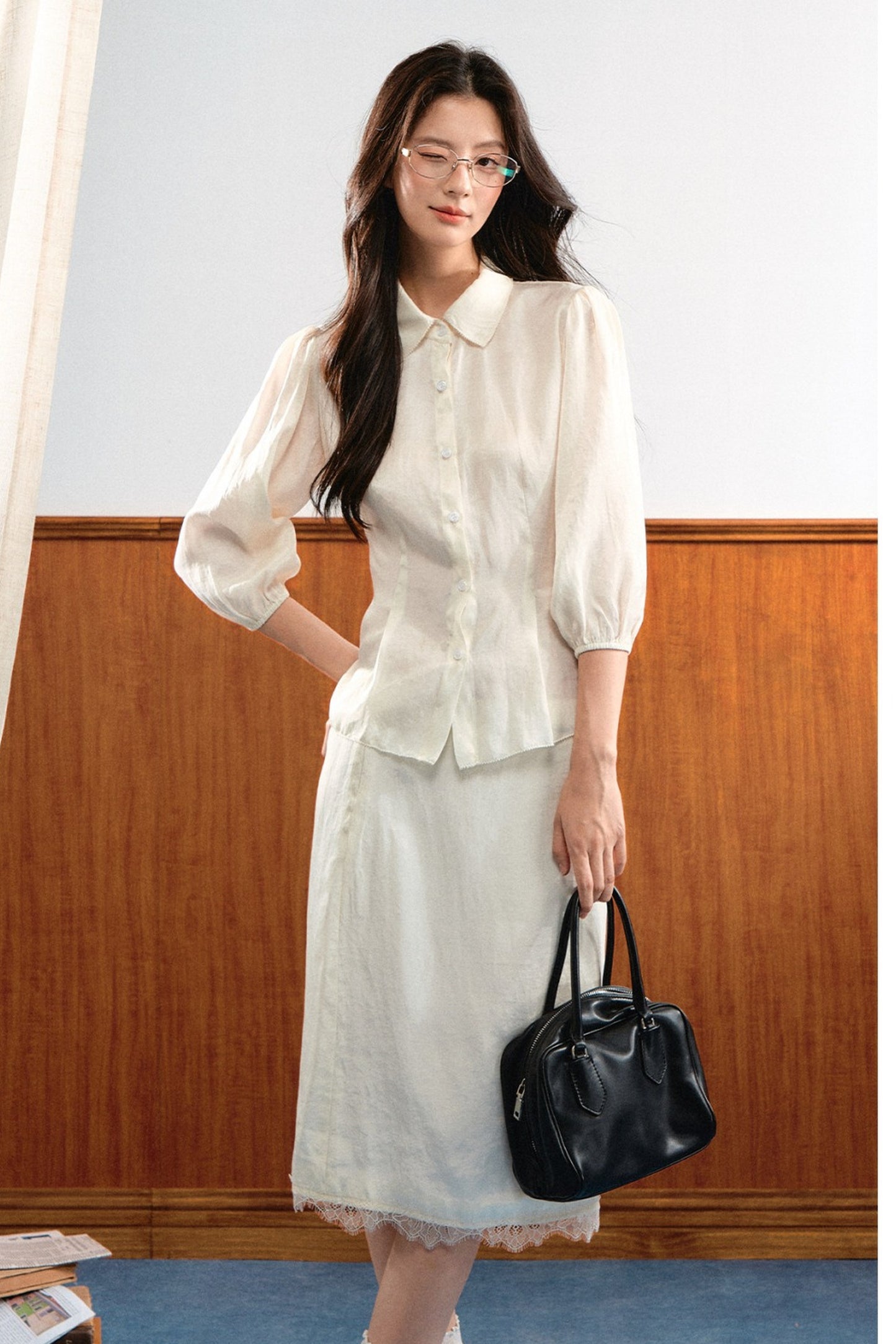 Lace Trim Puff Sleeve Top and Skirt Set-Up