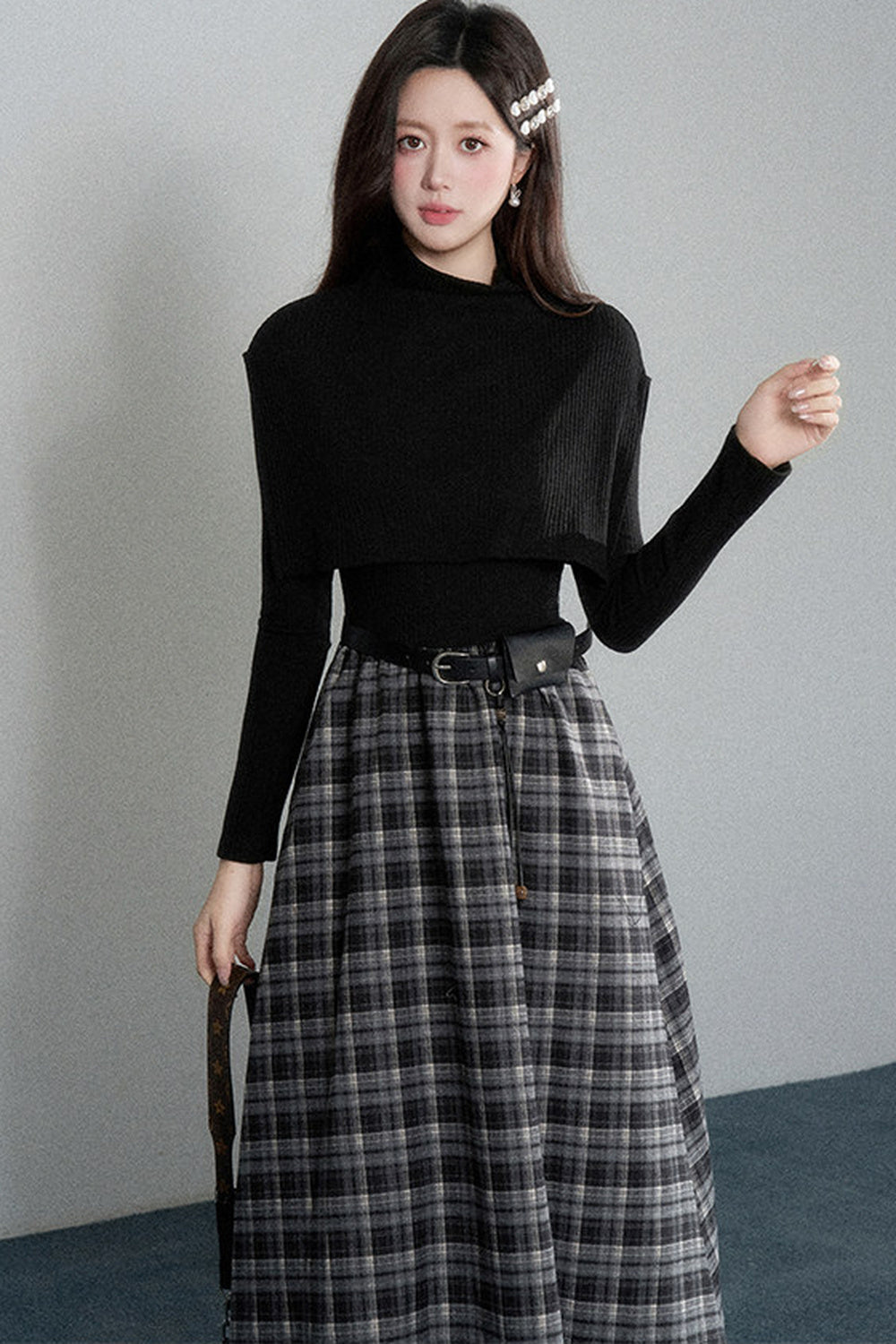 Black High-Neck Long-Sleeve Dress