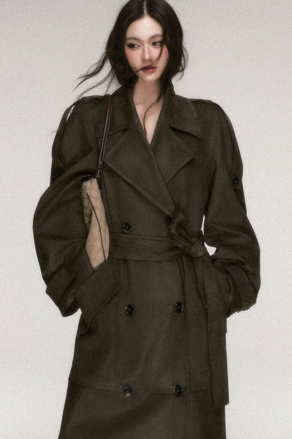 Brown Coffee Suede Long Trench Coat