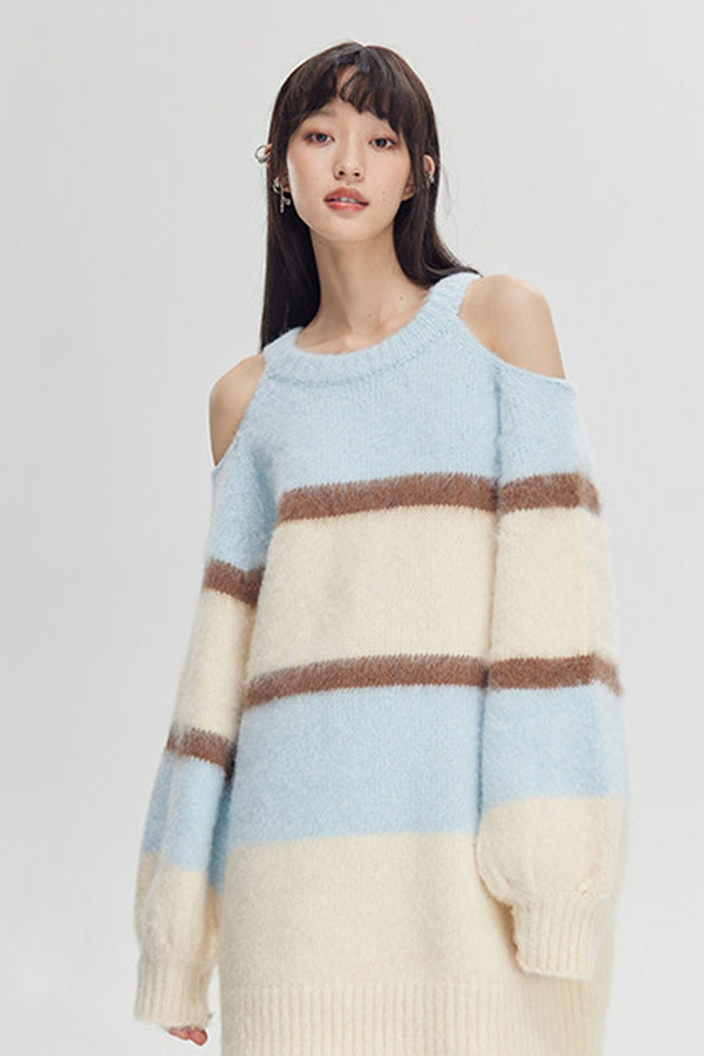 Off-Shoulder Striped Knit Sweater