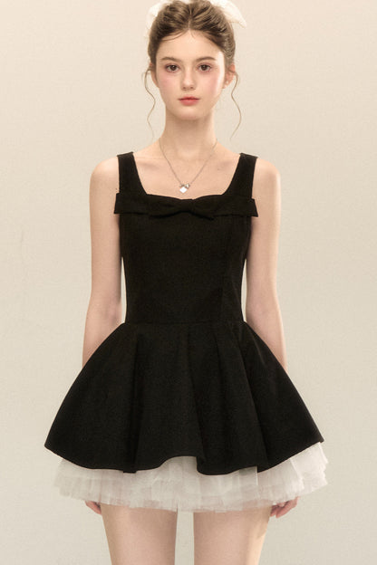 Bow Neck Spaghetti Strap Puffy Dress