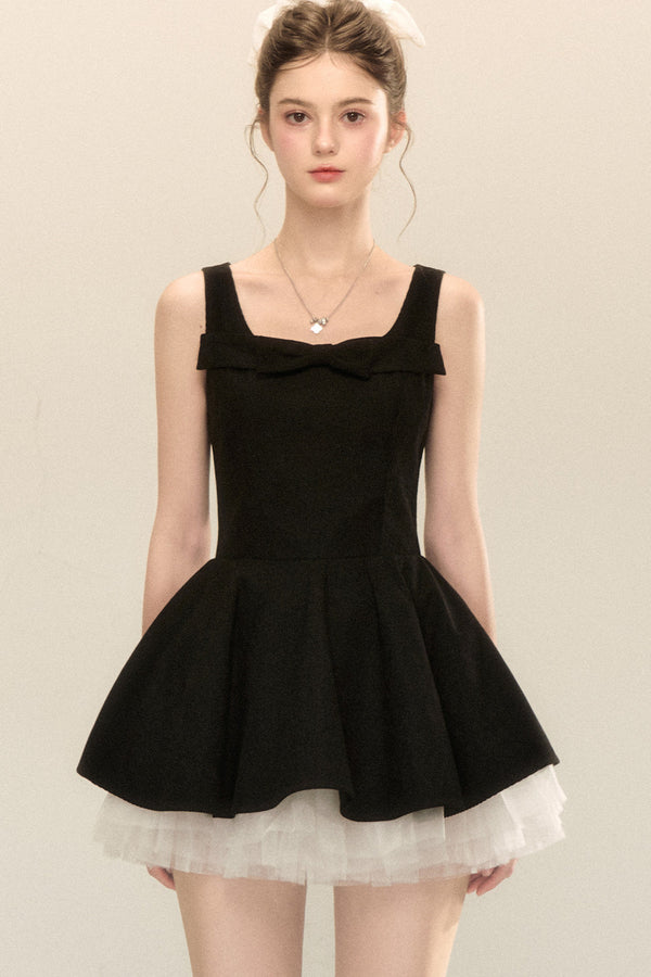 Bow Neck Spaghetti Strap Puffy Dress