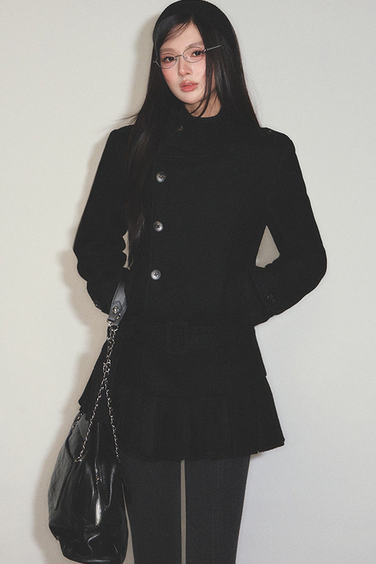 Detachable Belt Woolen Coat and Pleated Skirt Set-Up