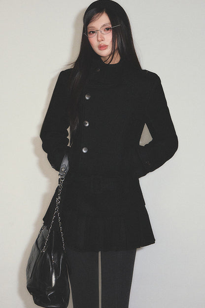Detachable Belt Woolen Coat and Pleated Skirt Set-Up