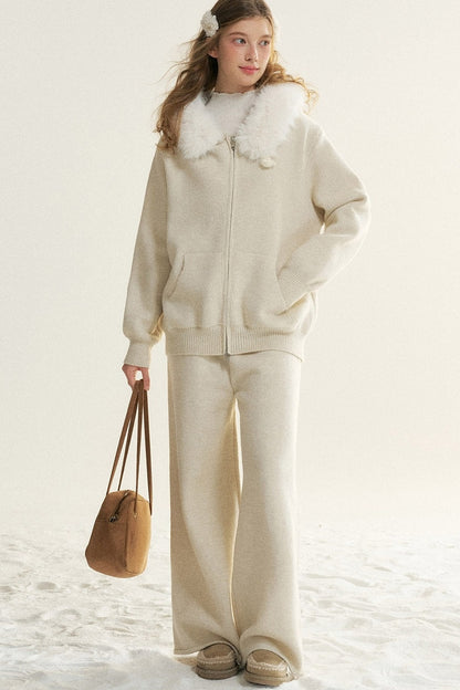 Detachable Fur Collar Hooded Jacket and Wide-Leg Pants Set-Up