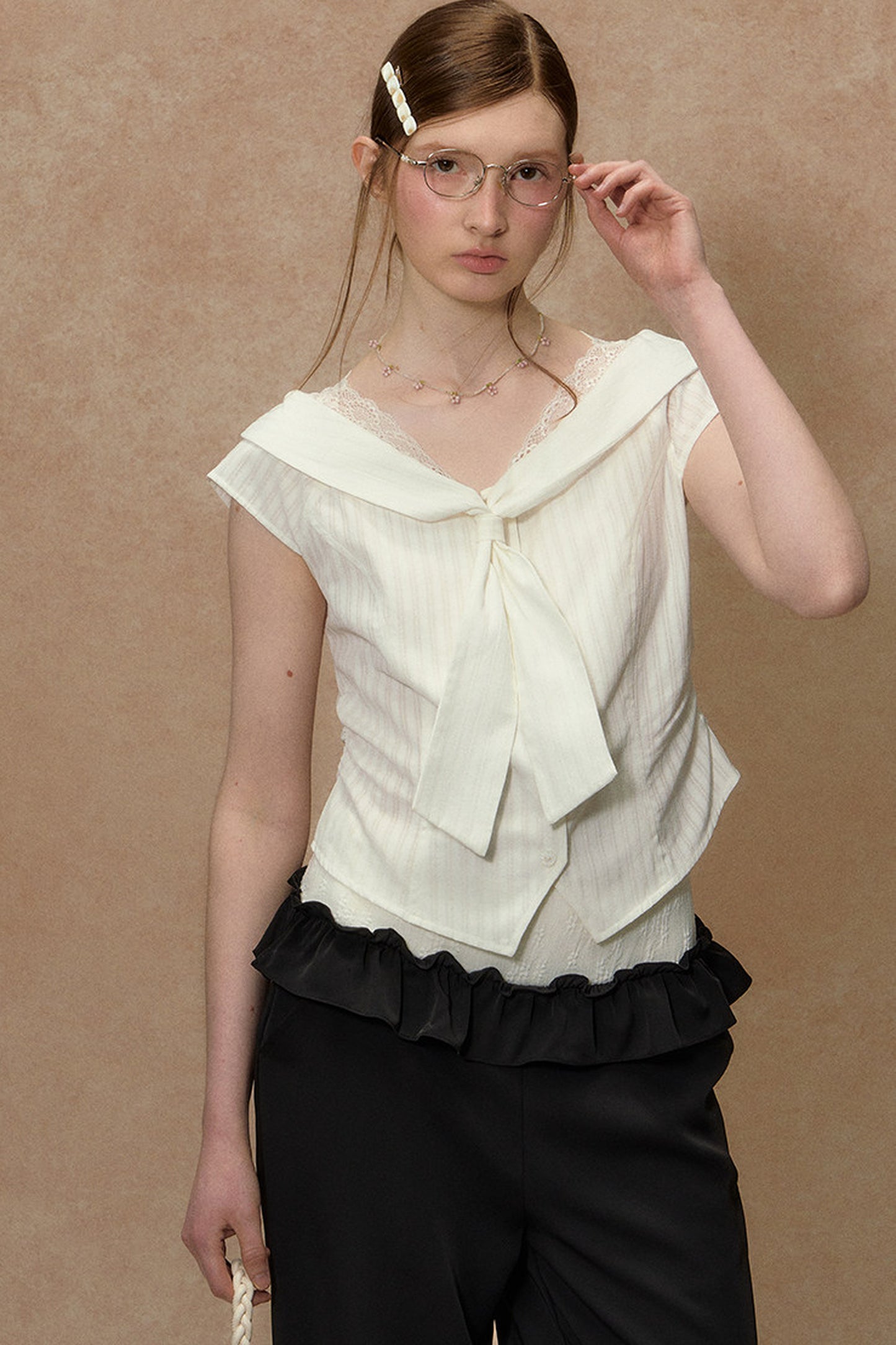 Lace-Trimmed Striped Blouse