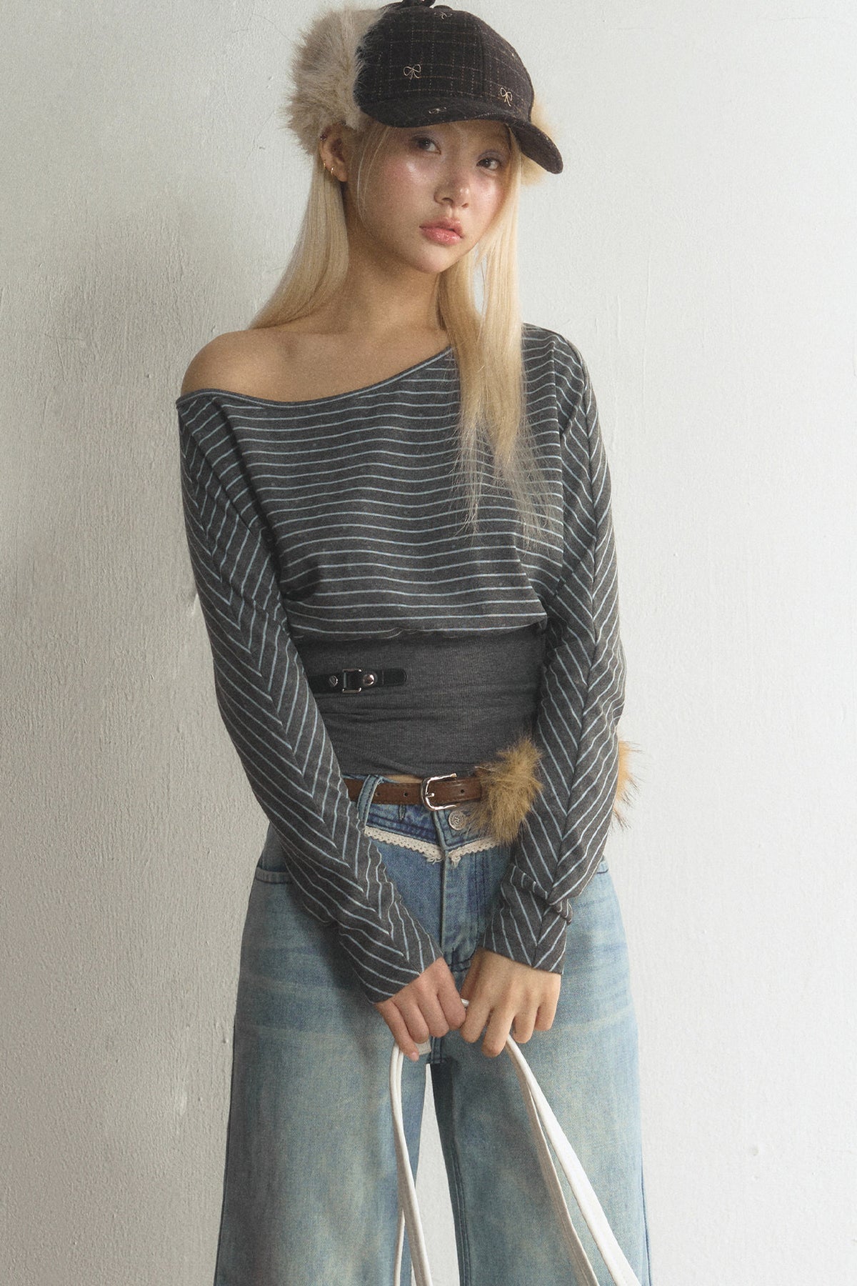Striped Off-Shoulder Top and Jeans Set-Up