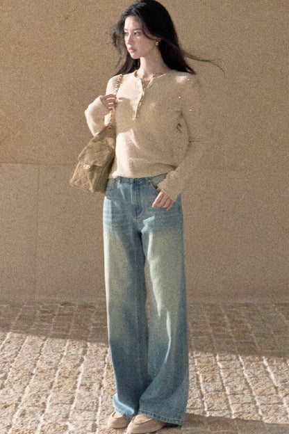 Jeans in denim lavato effetto vintage a gamba dritta
