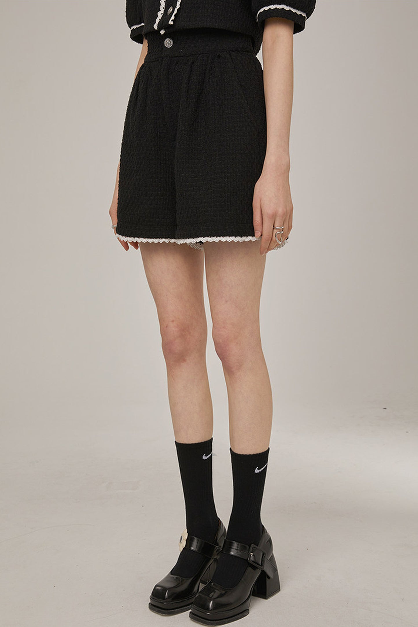 High-Waisted Lace Trim Tweed Shorts