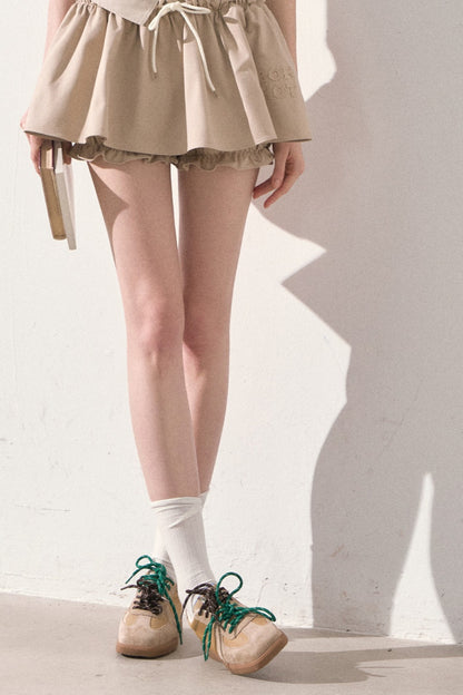 Embroidered Low-rise Drawstring Puff Skirt