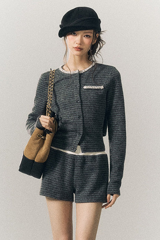 Beaded Lace-Up Wool Knit Top and Shorts and Cardigan Set-Up