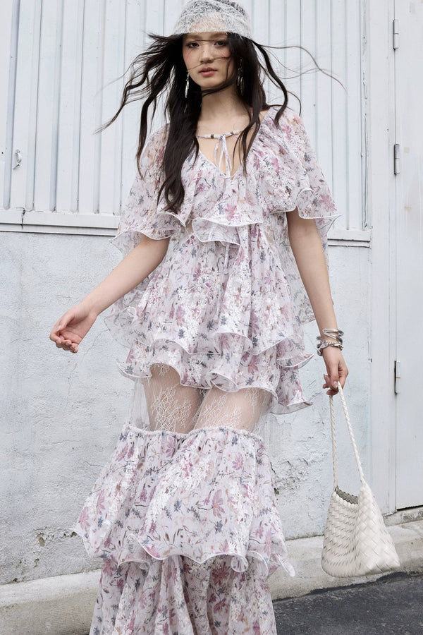 Romantic two-piece floral 3D ruffled skirt set