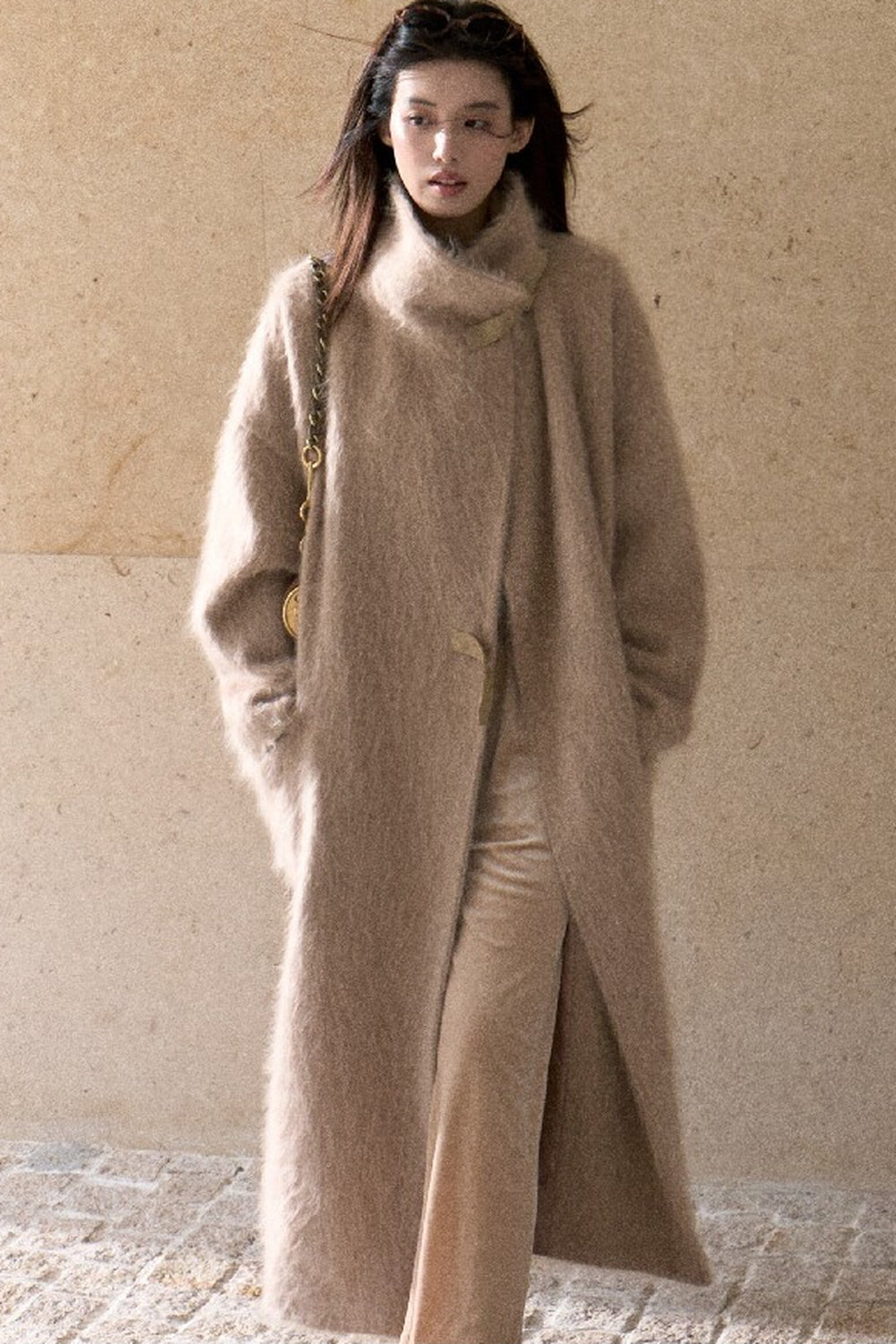 Brushed Cashmere Silk Funnel Collar Coat