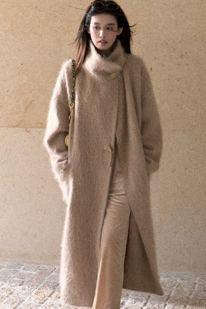 Brushed Cashmere Silk Funnel Collar Coat