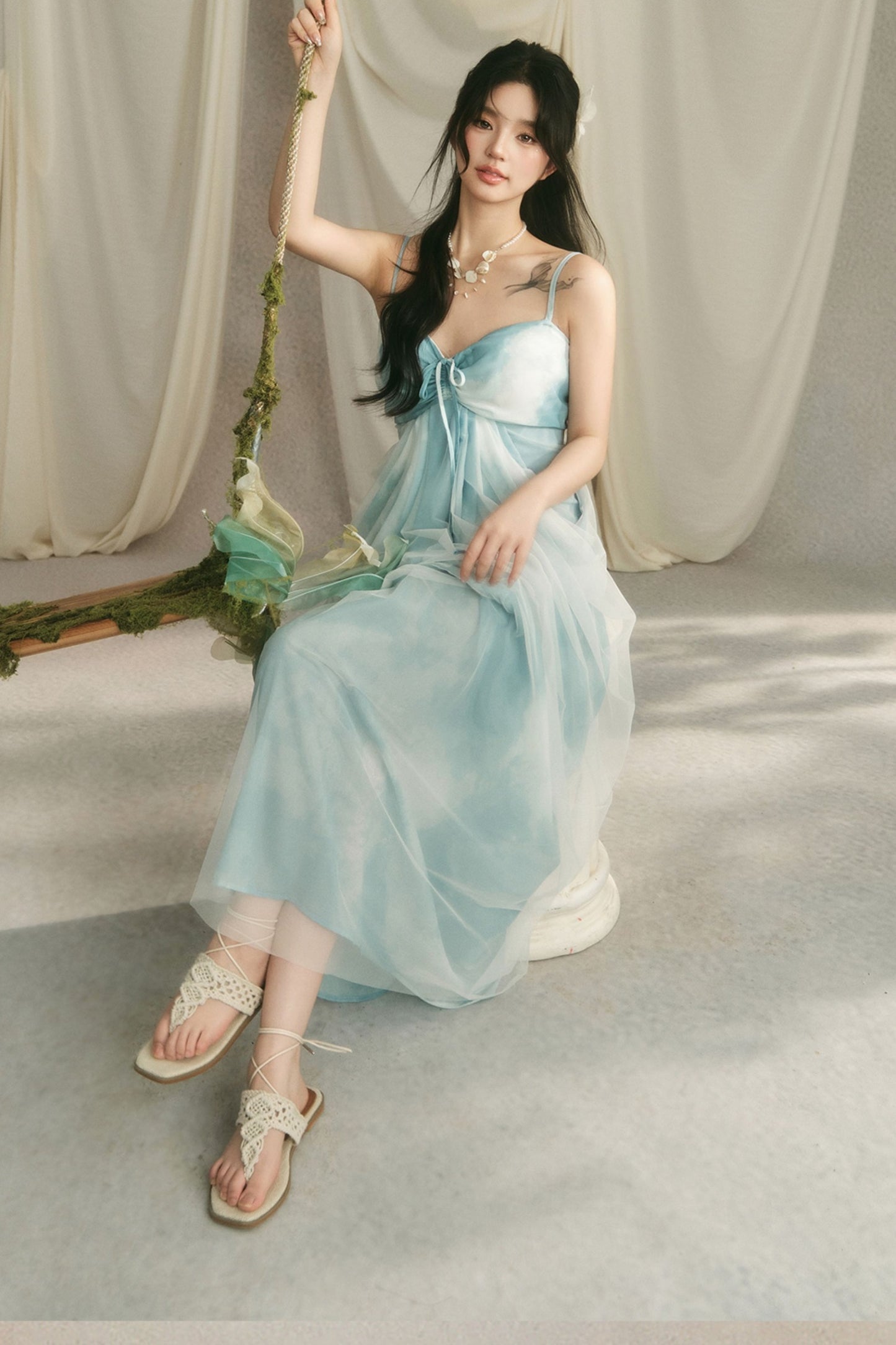 Blue Tie-Dye Cocoon Drawstring Slip Dress