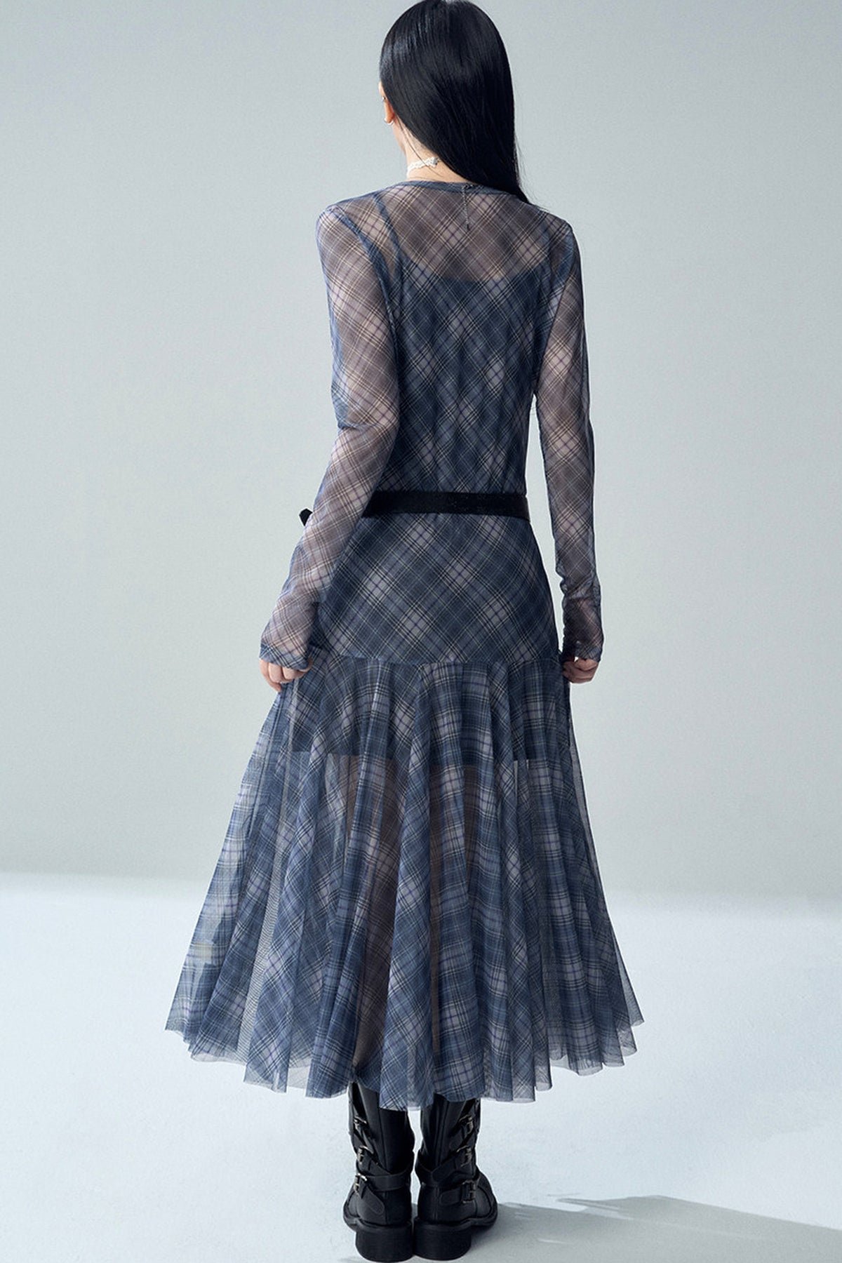 Blue Plaid Long Sleeve Dress Set