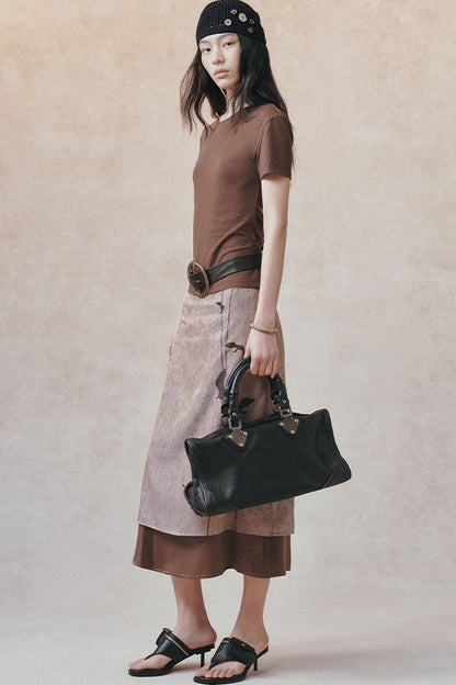 Straight Color-Block Bird Line Print Skirt