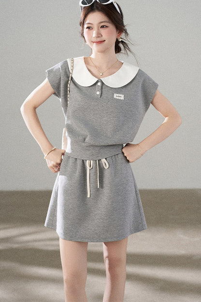 Gray Doll Collar Short-Sleeve Top and Skirt Set-Up