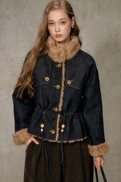 Fur Collar Denim Drawstring Jacket