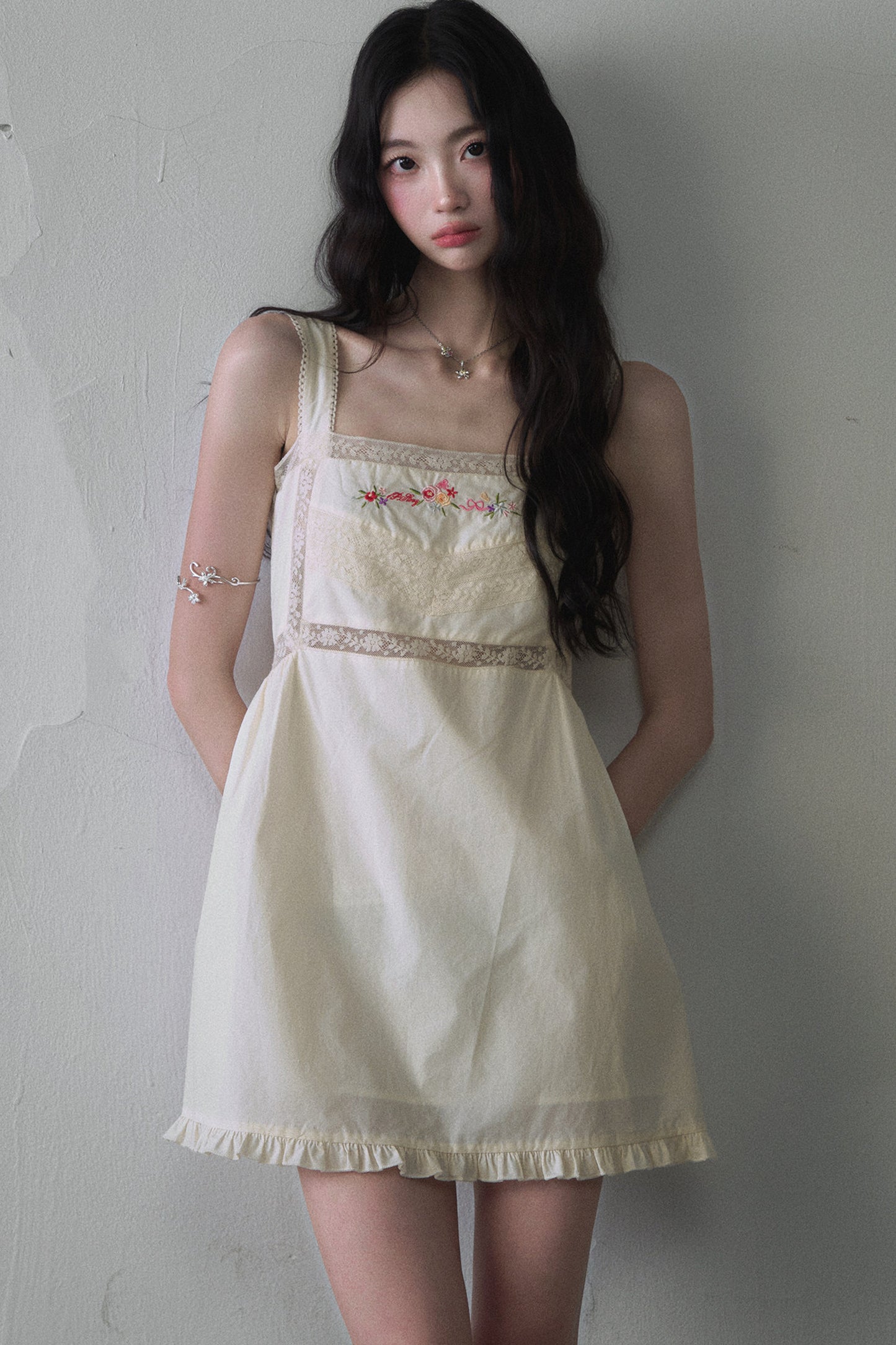Floral Embroidered Square Neck Sleeveless Mini Dress