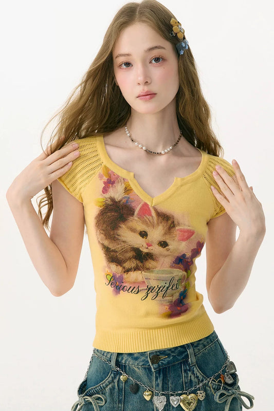 Warm Yellow Cat Print Top